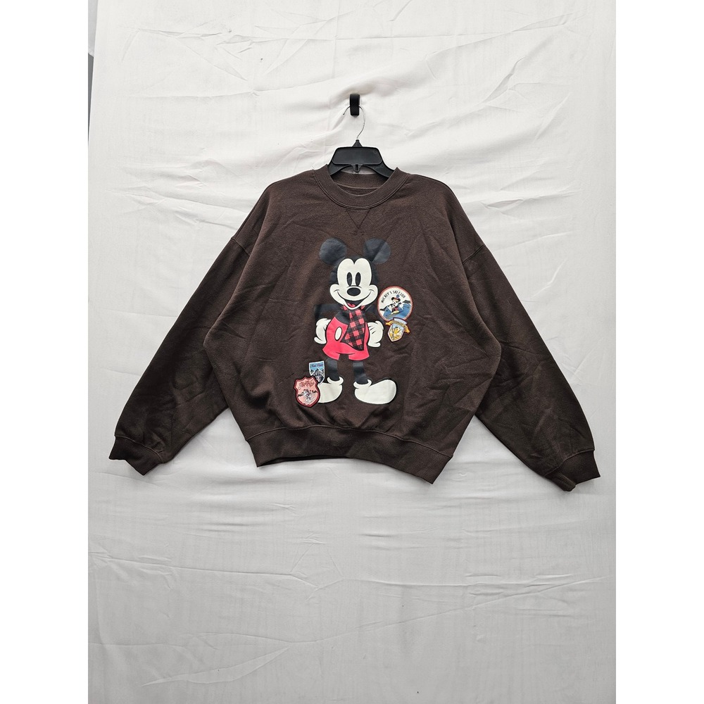 Disney Womens Mickey Mouse Pullover Sweatshirt Brown Cotton Blend Casual Size S